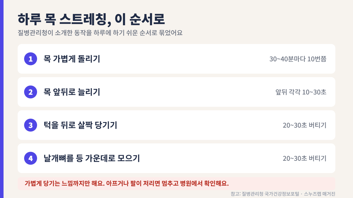 하루 목 스트레칭 순서 4단계: 목 돌리기, 목 앞뒤 늘리기, 턱 당기기, 날개뼈 모으기